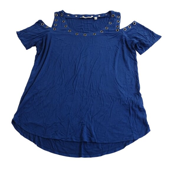 Cyrus Cold Shoulder Grommet Trim Knit Top Blue Women Size L Casual Work - Picture 1 of 8
